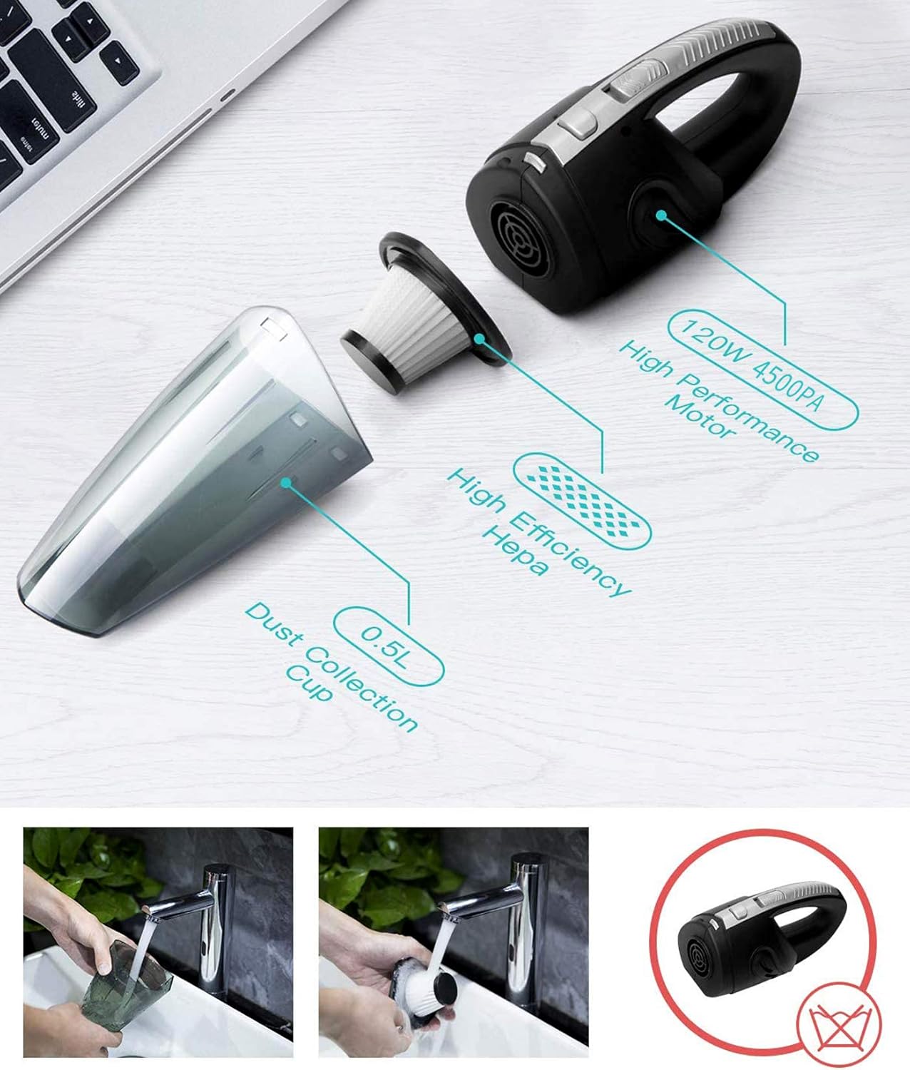 Handheld Vacuum Cordless, Portable Wet Dry Cleaner for Car Home, Pet Hair, Rechargeable 2200mAh Lithium Battery, 120W