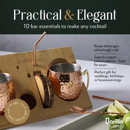 Barillio Moscow Mule Mugs Set - 2 Stainless Steel, Copper-Plated Cocktail Mugs with Bamboo Stand - Food-Safe, Moscow Mule Kit with Copper Cups, Drinking Straws and Mixing Spoon - 2 x 18 Oz