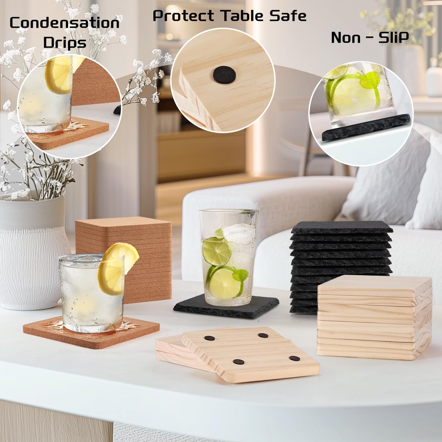 90 PCS Coaster Bulk for Laser Engraving, MAPRIAL 4 Inch 30 PCS Blank Black Slate Stone, 30P Cork Coasters, 30 PCS Wood, Engravable Materials for Engraver, Mom Gifts, Painting, Crafts, Square
