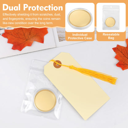 8Pcs 40mm Blank Brass Coins for Laser Engraving, Solid Blank Challenge Coin Set with with Acrylic Protection Box, Resealable Bag, Card, Tassel and Pen for DIY, Customization Gift & Memorial