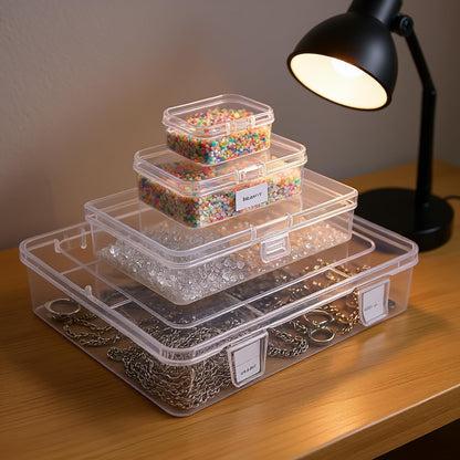 Thintinick 28 Pack Rectangular Mixed Sizes Clear Plastic Storage Containers Box with Hinged Lid for Beads and Other Small Craft Items