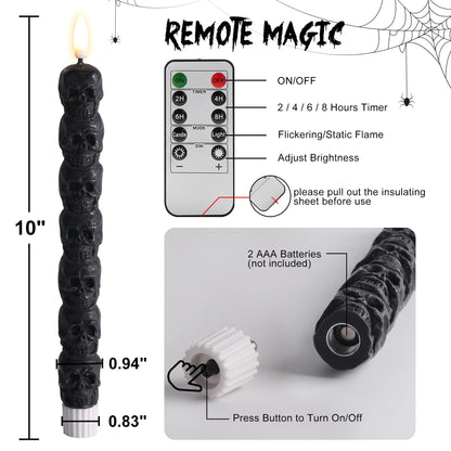 Eywamage Halloween Flameless Taper Candles with Remote, Spooky Black Skull LED Candlesticks Battery Operated Flickering Real Wax Set of 2