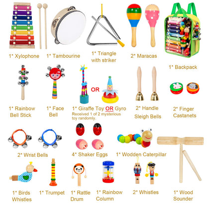 Kids Musical Instruments, 33Pcs 18 Types Wooden Percussion Instruments Tambourine Xylophone Toys for Kids Children, Preschool Education Early Learning Musical Toy for Boys and Girls
