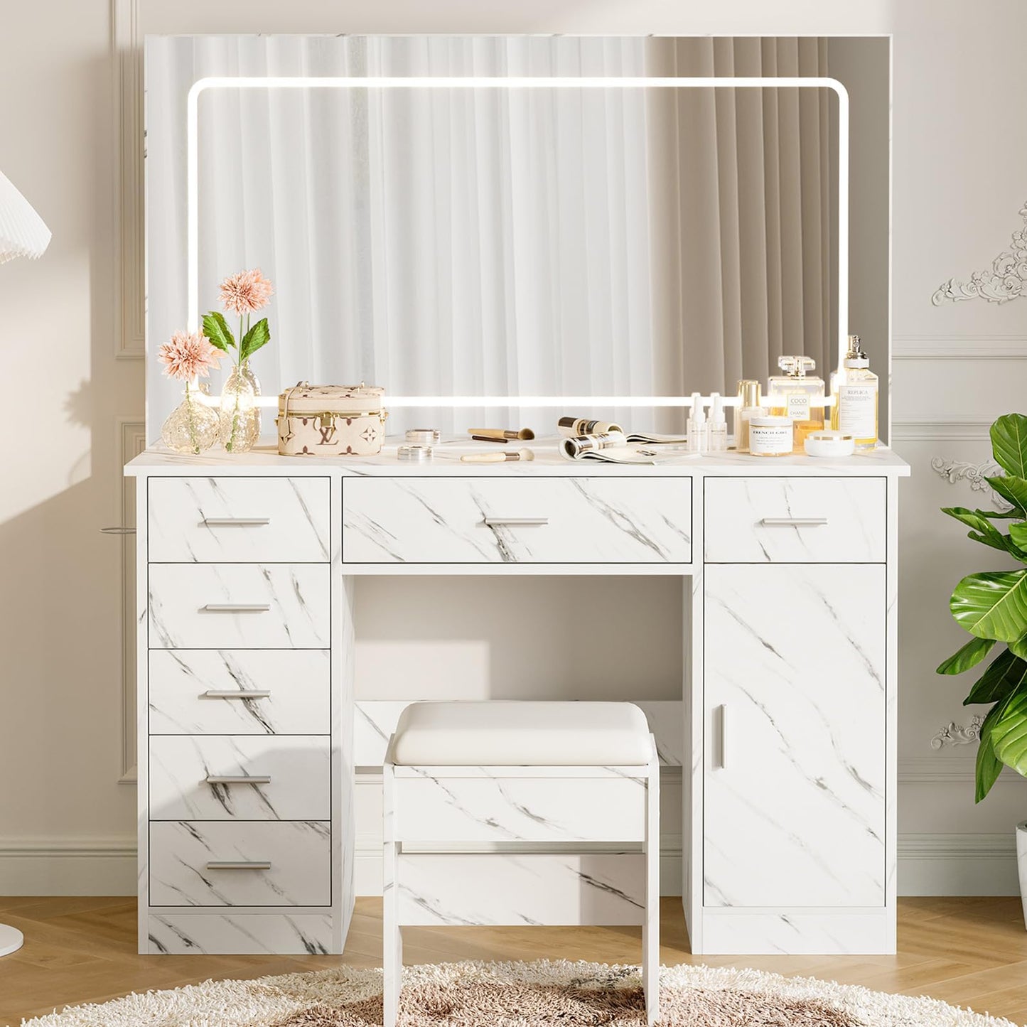 IDEALHOUSE Modern Vanity Desk with Large LED Mirror – 7 Drawers, Power Outlets, USB Ports, Hair Dryer Holder, 3-Mode Lighting, Stool, Cabinet – Marble White