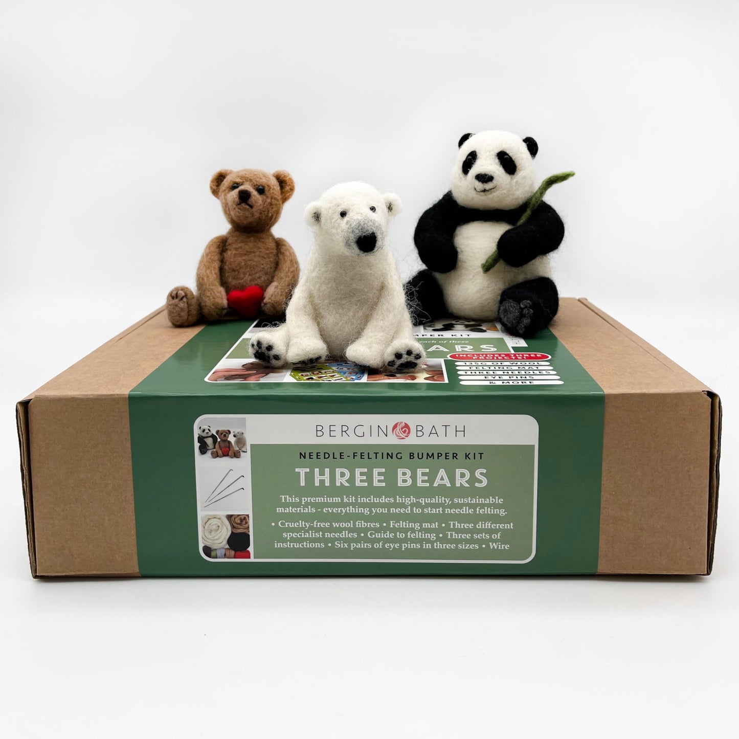 Bergin & Bath Needle Felting Bumper Kit - Three Bears. A Premium Starter kit. Make a Polar Bear, a Panda and a Teddy Bear. Planet-Friendly Wool.