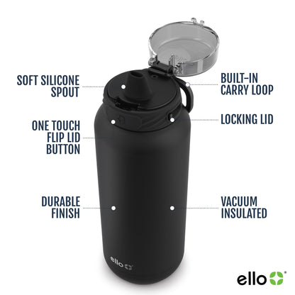 Ello Cooper 22oz Stainless Steel Water Bottle with Straw and Carry Handle, Double Walled and Vacuum Insulated Metal, Leak Proof Locking Lid with Soft Silicone Spout, Reusable, BPA Free, Black