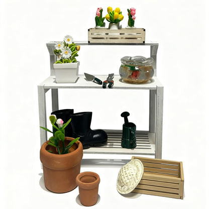 Miniature Dollhouse Garden Potting Bench Set, 1:12 Scale, with Tools, Flowers, Pots and Fish Bowl (Potting Bench)