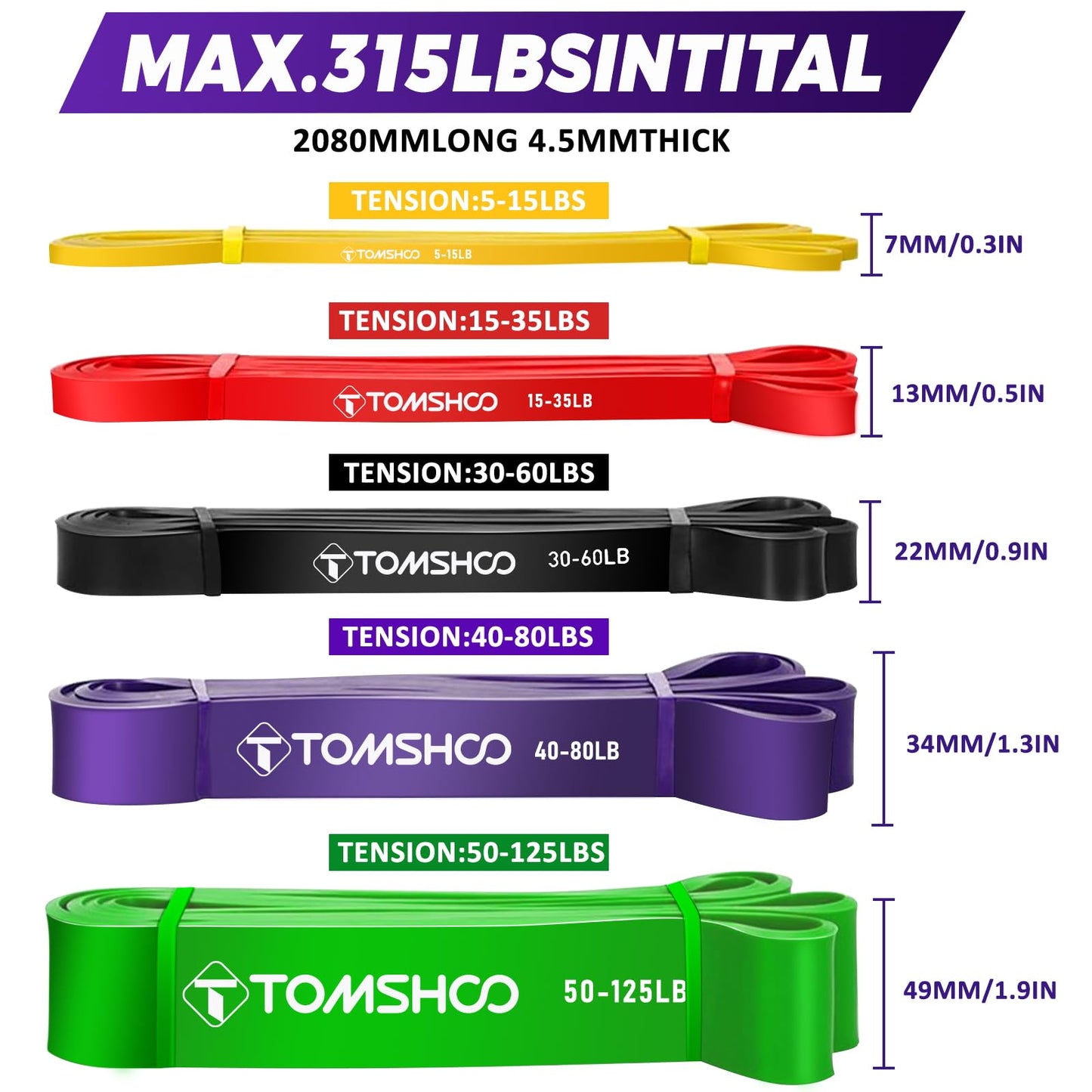 TOMSHOO 5Pcs Resistance Bands Pull Up Assistance Bands Workout Exercise Long Bands with Handles and Door Anchor Exercise Bands Resistance Bands Set for Men & Women Training
