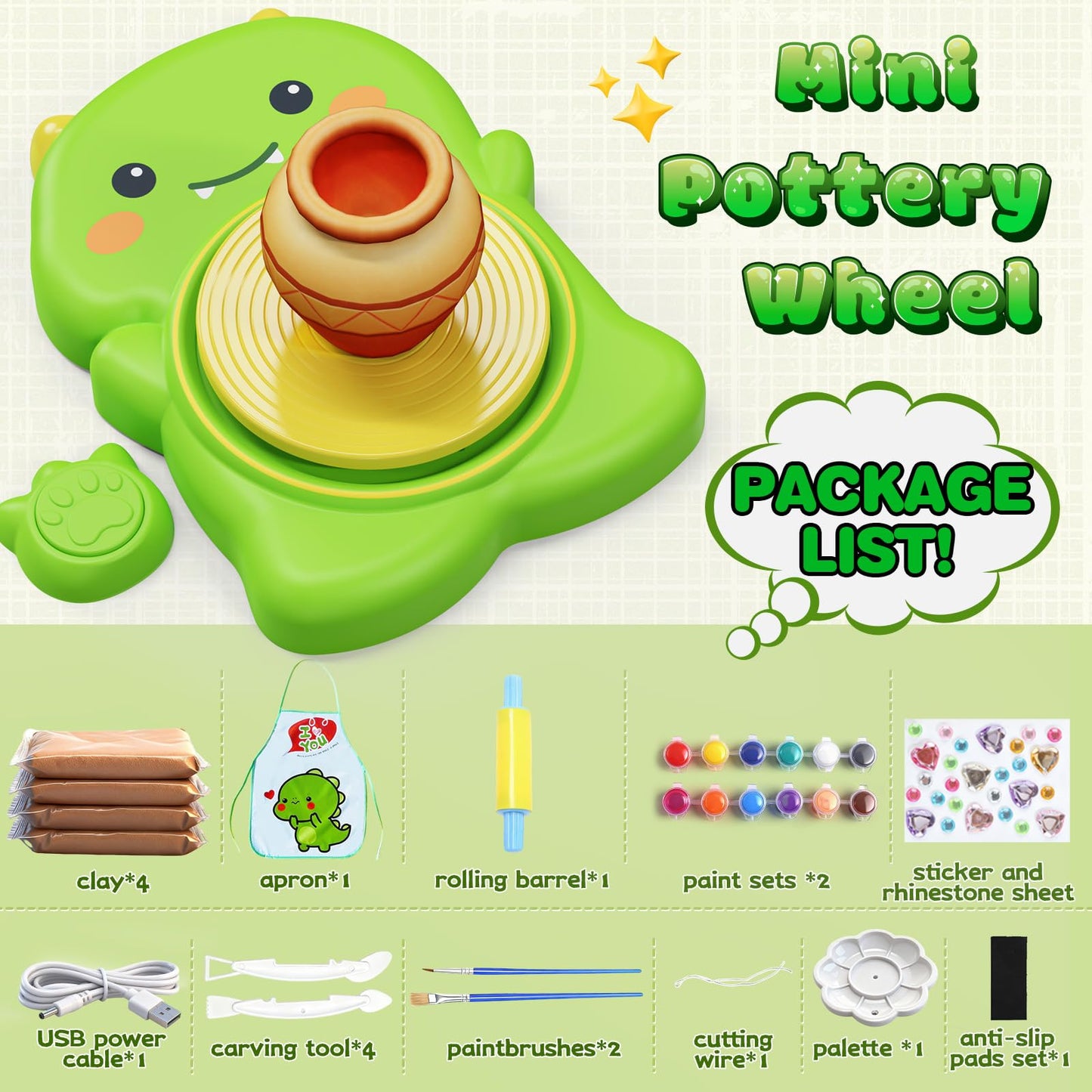 Skirfy Mini Pottery Wheel Kit for Beginners Kids,Electric Ceramic Wheel with Foot Pedal&Painting Kit, Adjustable Speed,Clay Spinner DIY Tools for Art Craft Birthday (Green Dinosaur)