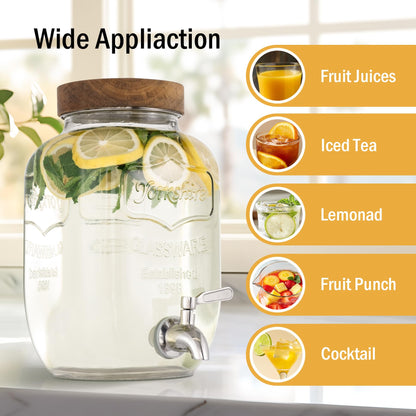 mustry Glass Drink Dispenser for Parties, 1 Gallon Beverage Dispenser with Stand and Spigot Solid Stainless Steel, Used as Lemonade Dispenser Sun Tea Jar Kombucha Jar, Set of 2