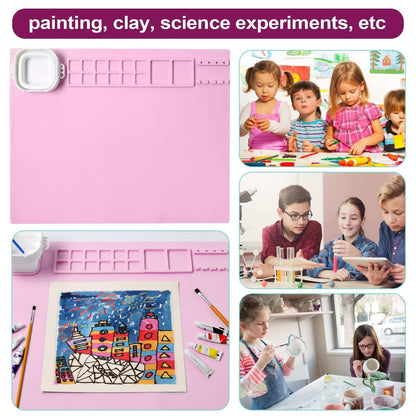 AWOKE Silicone Painting Mat | 20"x16" No-Spill Art Matt for Resin DIY, Beading, with Magnetic Water Cup, 12 Paint Wells & Palettes | Washable Table Protector for Toddlers & Kids Gift (Pink)