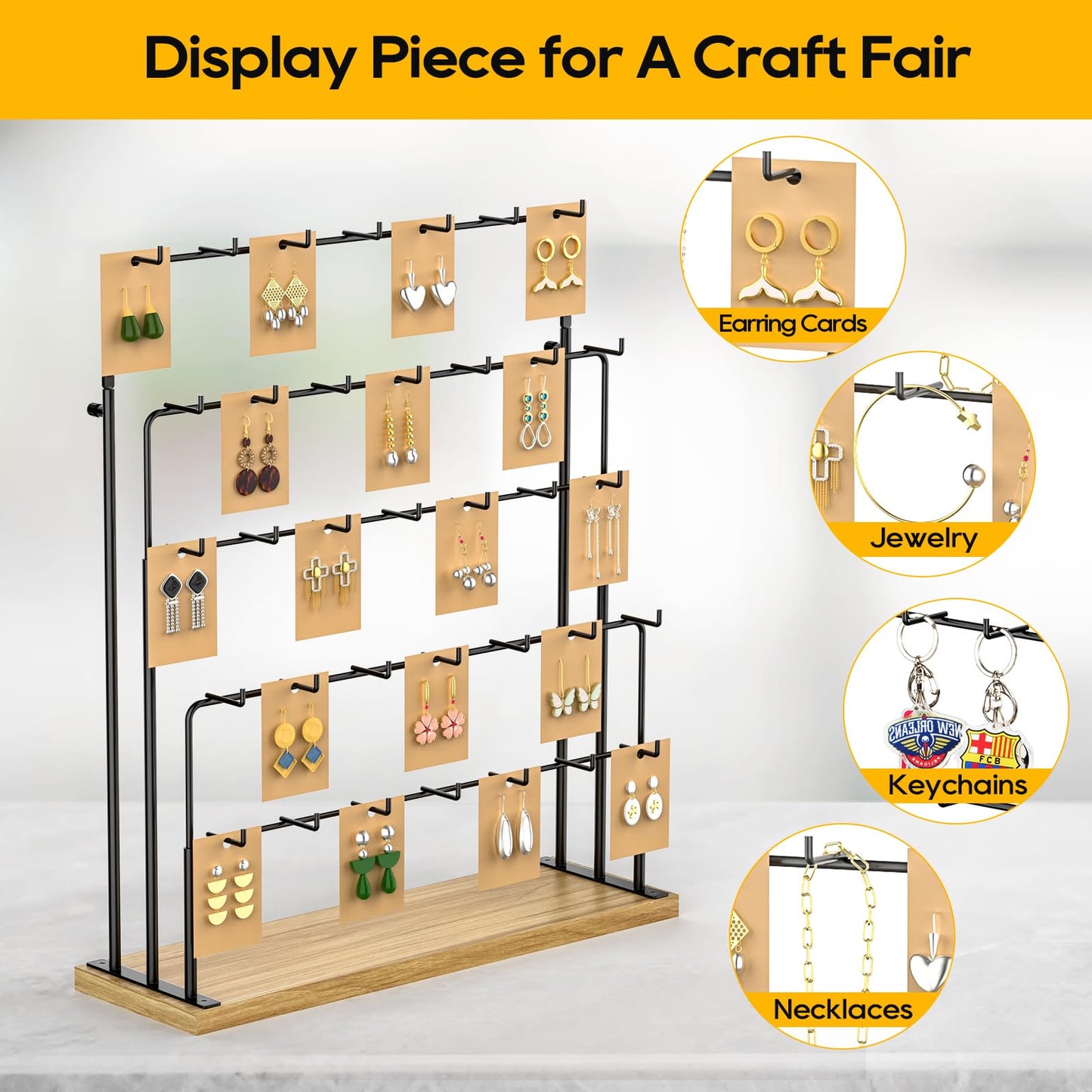 ORLESS Jewelry Display for Vendors, Earring Display Stand for Selling, Necklace Display Holder for Selling, Earring Cards Organizer for Bracelets, Rings, Jewelry Towers, Original Wood (35 Hooks)