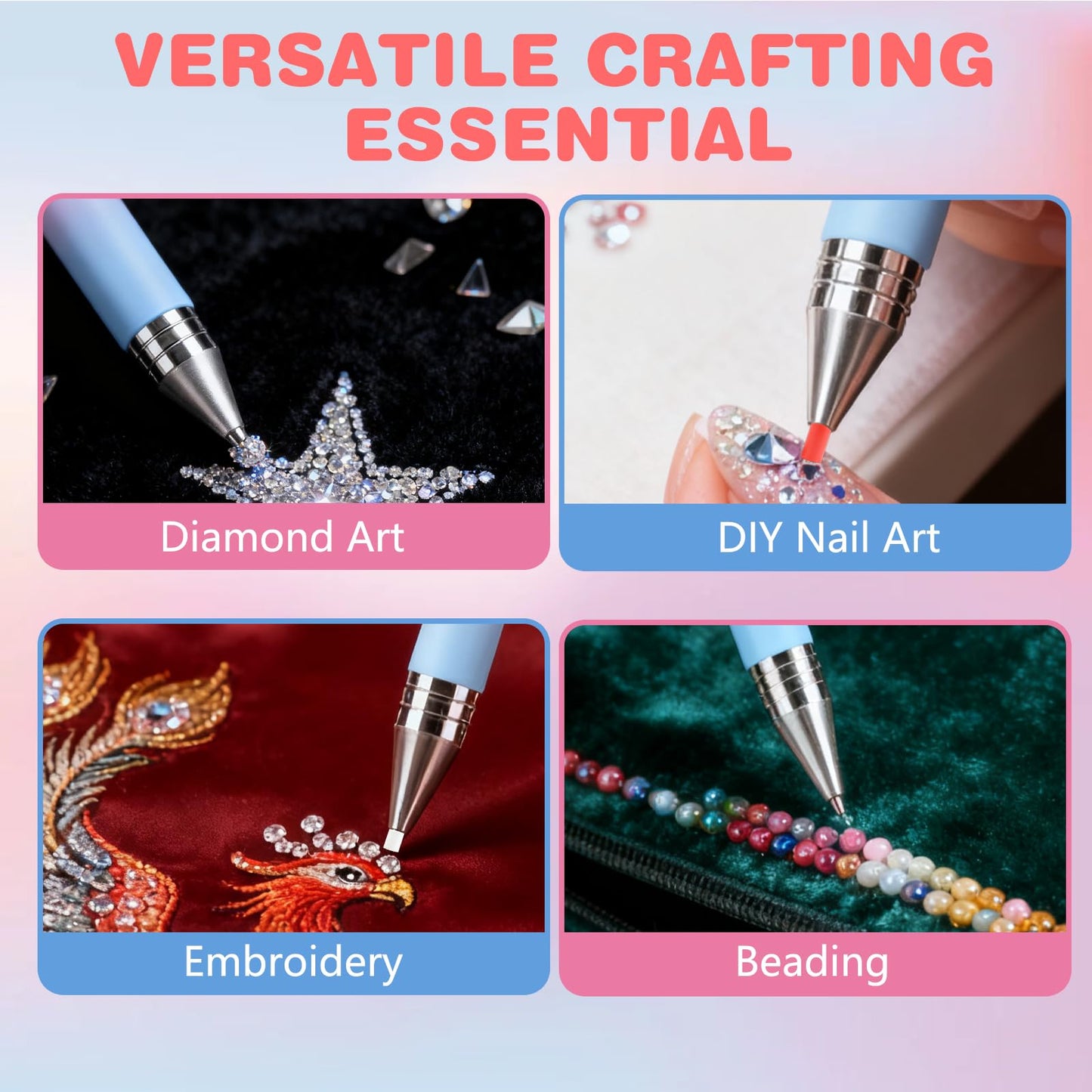2 PCS Automatic Refillable Wax Pen for Diamond painting, Refillable Diamond Art Pen with 6 Refill Wax Pads, Wax Pen for Art Nail DIY Craft (Gradient Blue+Gradient Pink)