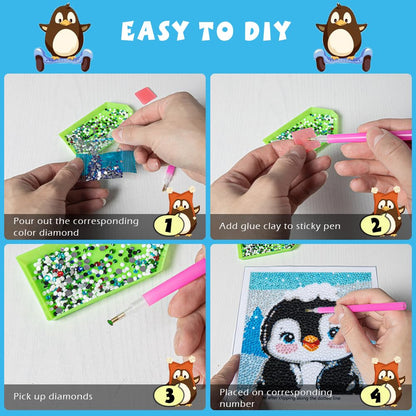 QEUOYSS Diamond Art Kit for Kids with Wooden Frame Art and Crafts for Kids Ages 6-8 -10-12 Easy to DIY Diamond Art for Kid and Adult Beginners Home Wall Decoration (Penguin)