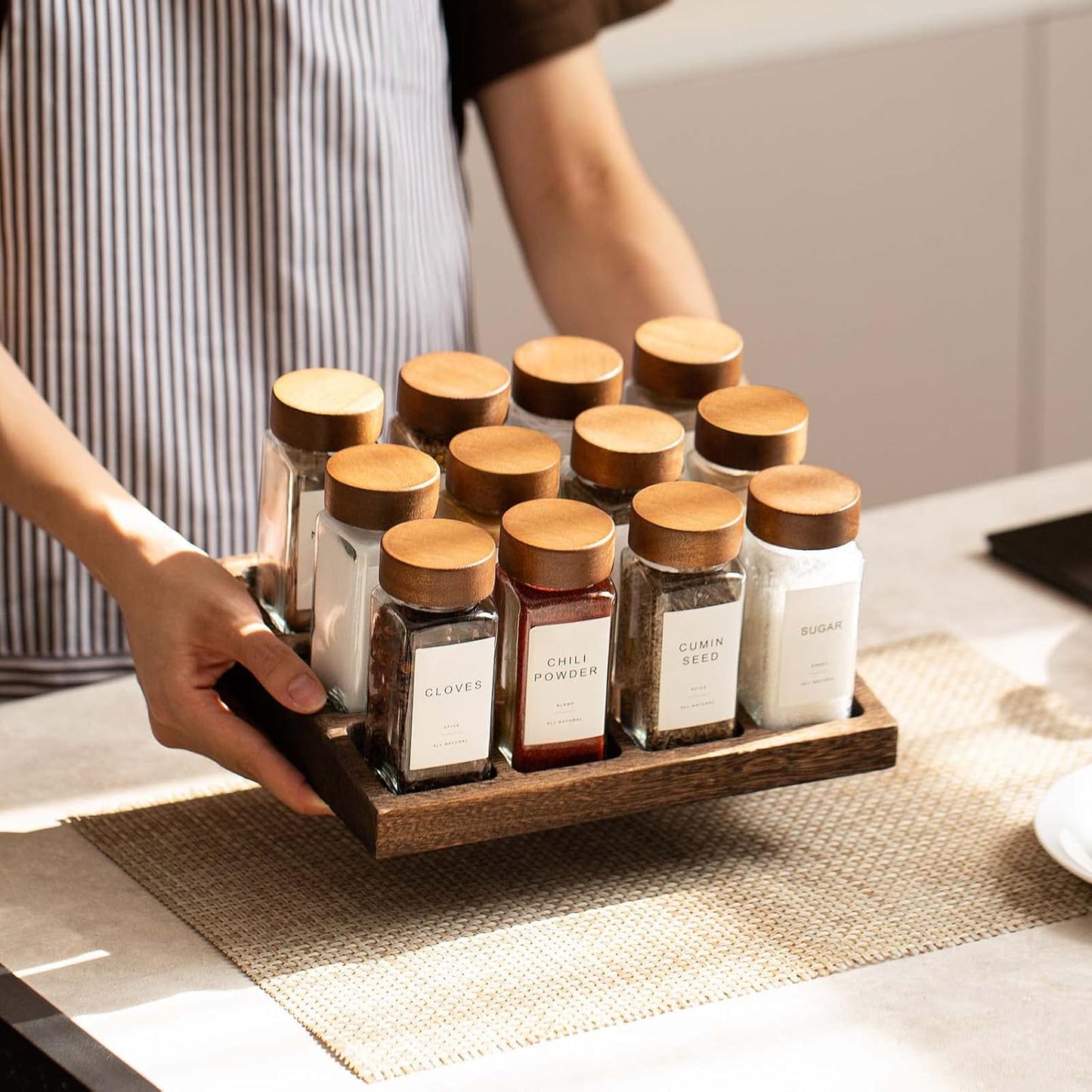 24Pcs Labels-4oz 2pcs Yangbaga Glass Spice Jars with Acacia Wood Lid Square Spice Containers and Rack with Pepper
