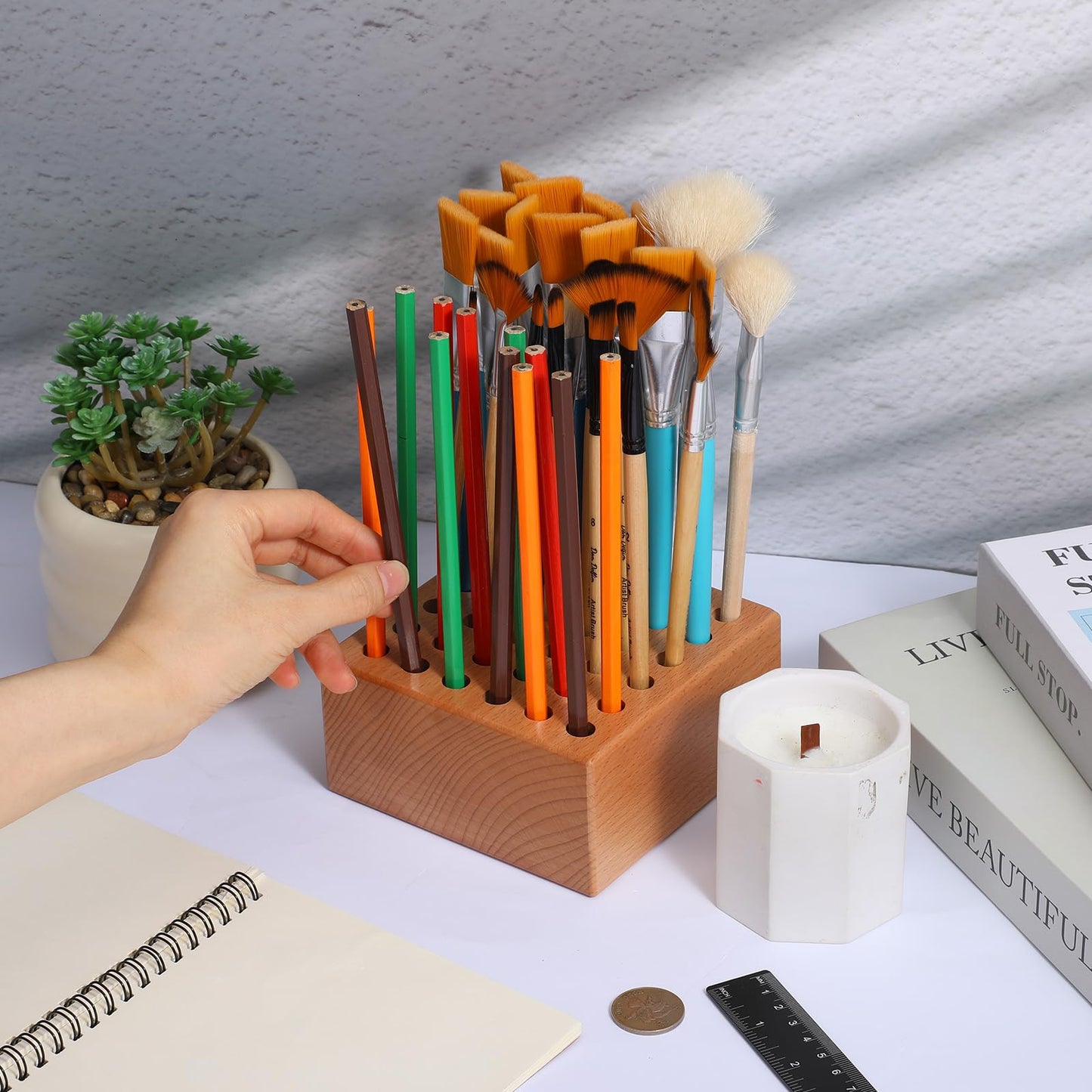 Yuanan 2 PCS Artist Paint Brush Holder, 36 Holes Wooden Paint Brush Holder Square Paintbrush Holders Large Capacity Paintbrush Organizer for Storing Painting Brushes, Makeup Brushes and Common Tools