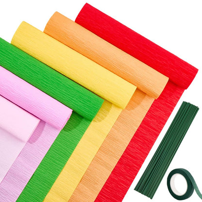 CRASPIRE 58Pcs Crepe Paper Flower DIY Kits Colourful Paper Crepe Paper Sheets 36M Green Tape 50Pcs Floral Iron Wire for Wedding Birthday Holiday Party Decor(9.84inx8.2ft/Roll)