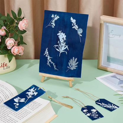 WEBEEDY 45 Pcs Cyanotype Kit Include 10 Sheets A5 Cyanotype Paper,10 Pcs Bookmark,25 Pcs Blank Labels for Adults Beginners,Sun Print Paper Kit Nature Drawing Printing for Leaves and Flower Press