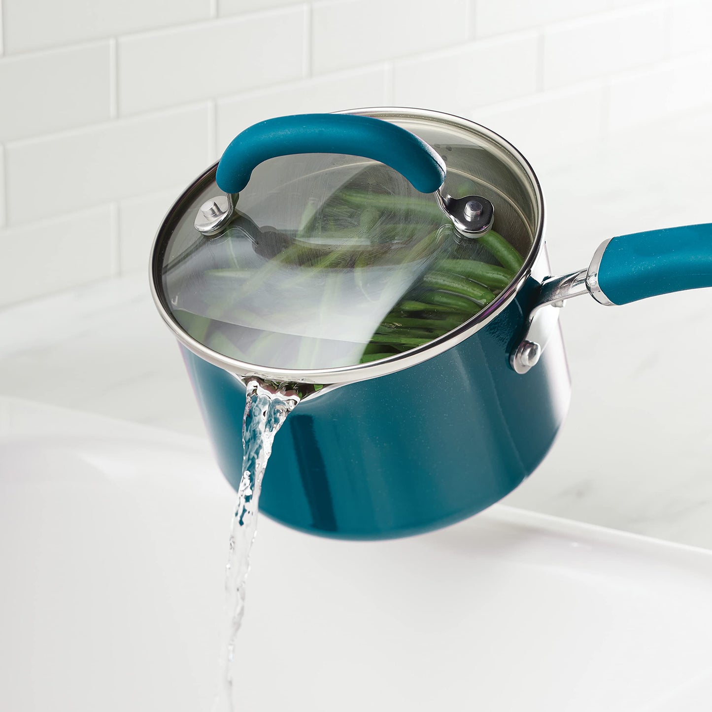 Rachael Ray 12020 Create Delicious Nonstick Sauce Pan / Saucepan with Straining and Lid, 3 Quart - Teal Shimmer