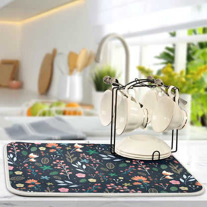 Dish Drying Mat for Kitchen Counter, Colorful Flowers Black Absorbent Drying Matt for Dishes Sink 16'' x 18''