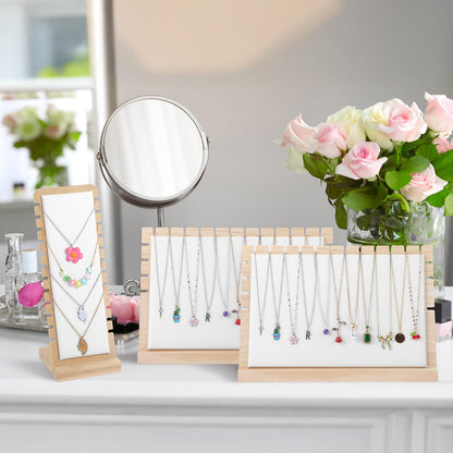 Oqqlin 3 Pcs Necklace Display Stands for Selling, Bamboo Necklace Holder with PU Leather Panel Beige Multi-Tiered Jewelry Display Storage Set for Vendors and Home (11.8x7.9x3.3 Inch/10.6x3.9x3.7 Inch)