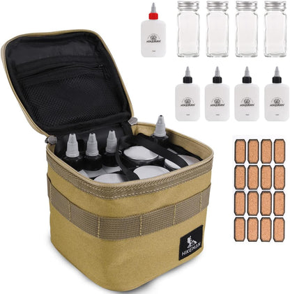 HIKEMAN Portable Camping Spice Set with 9 Spice Containers, Pepper & Salt Shakers, Separable Storage Bag for BBQ, Picnic