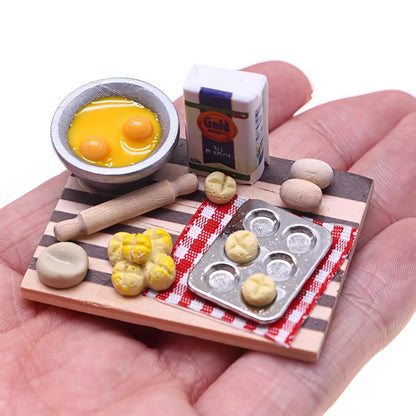 Miniature Dollhouse Kitchen Baking Set with Rolling Pin, Mixing Bowl, Bread Molds, Checkered Mat, Food Preparation Board, Photography Props