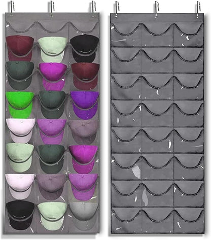 Premium Hat Rack Organizer for Wall or Door, 24 Clear Deep Pockets for Caps, Hooks Included