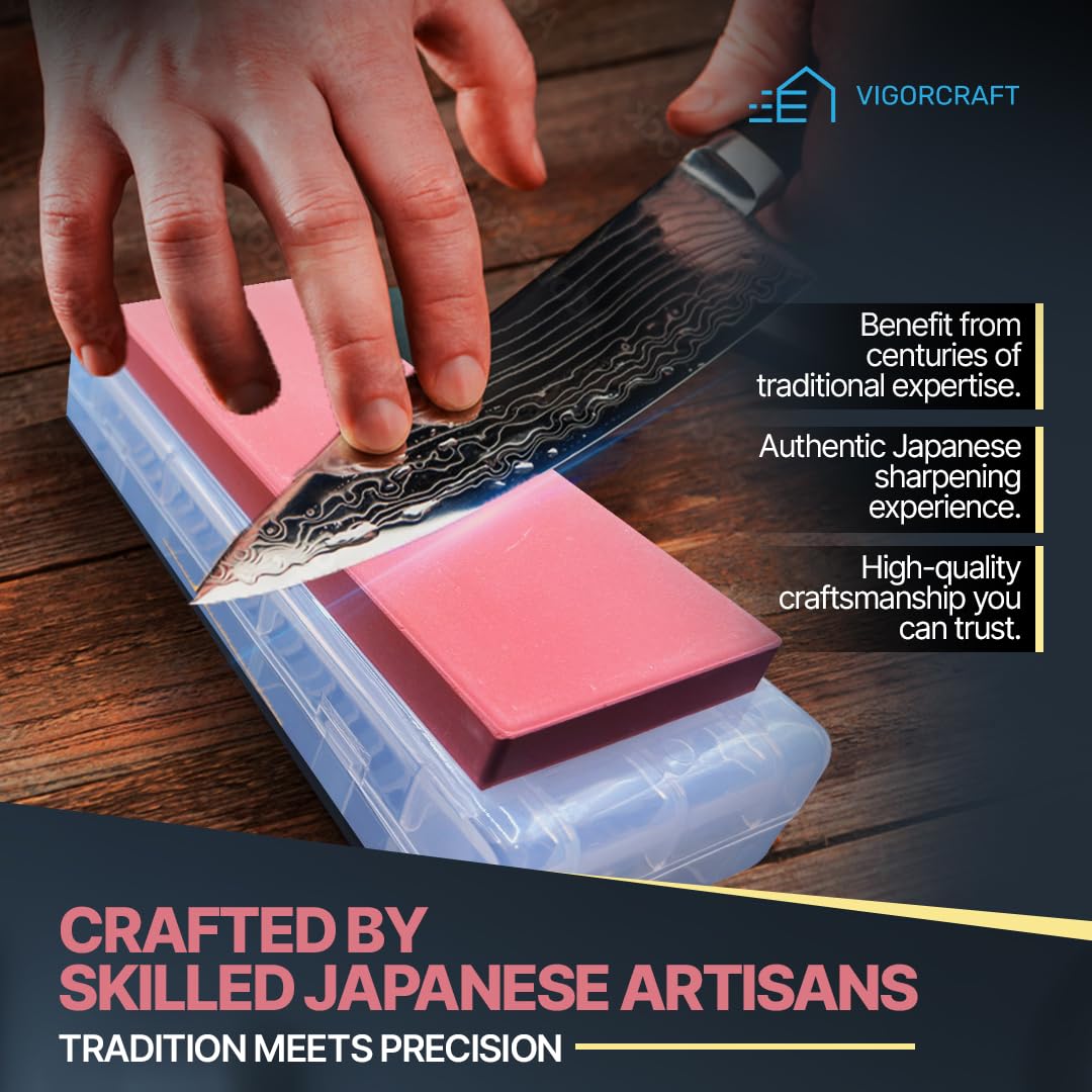 VIGORCRAFT Japanese Whetstone Set - Premium Knife Sharpening Stone Kit - 1000 and 3000 Grit Professional Sharpener Stones with Angle Holder and Plastic Base