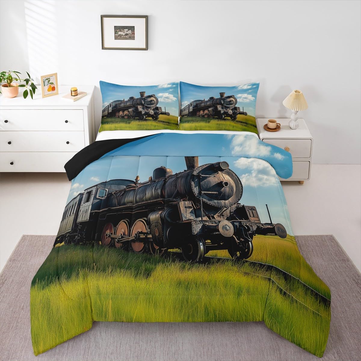Sets Set Sets,Green 2 Erosebridal Train Comforter Queen Size Retro Steam Engine Bedding for Kids Boys Teens,Railway