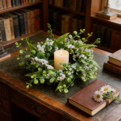 6 Pcs Green Boxwood Candle Rings Wreaths Mini Spring Summer Forsythia Wreath for Front Door Artificial Rings Wreaths with White Flowers for Pillar Porch Wall Window Farmhouse All Seasons Decor