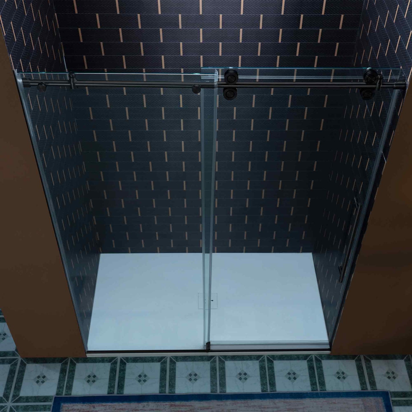 Woodbridge 56-60" W x 80" H Frameless Single Sliding Shower Door with Double Rollers,3/8(10mm) Tempered Glass with Explosion Proof Film in Matte Black Finish