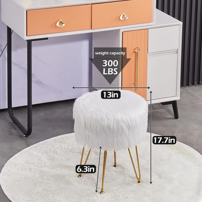 4 Mxfurhawa Faux Fur Storage Ottoman Round Furry Vanity Stool Marble Grain Tray Coffee Table Compact Footrest