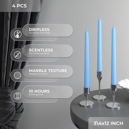 CANDWAX Light Blue 12 inch Taper Candles Set of 4 - Unscented Smokeless Dripless Tapers for Dinner Table, Home Decor, Easter Decor, Party, Wedding and Ordinary Dinners - Spring Candles