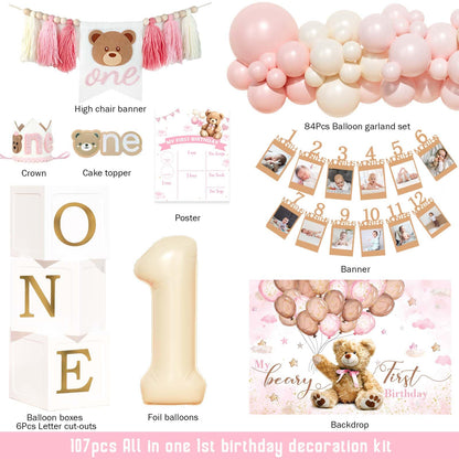 Hombae Beary First Birthday Decorations for Girl, Teddy Bear 1st Birthday Party Supplies, Pink Ivory Balloon Garland, Girl Baby Photo Banner, Bear Birthday Themed Decor Party Pack
