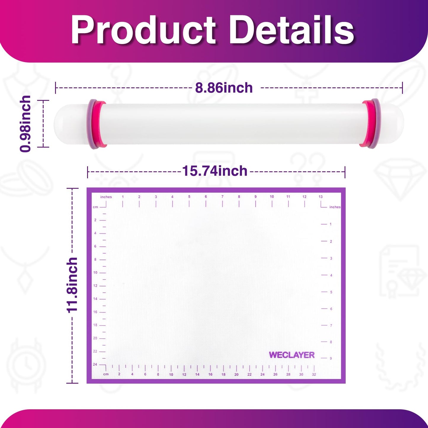 WECLAYER Clay Roller with Thickness Rings and 16" x 12" Silicone Clay Mat with Measurement,Oven-Safe Work Mat with Texture,Reusable Silicone Non-skid Pad,Clay Rolling Pin,Polymer Clay Tools