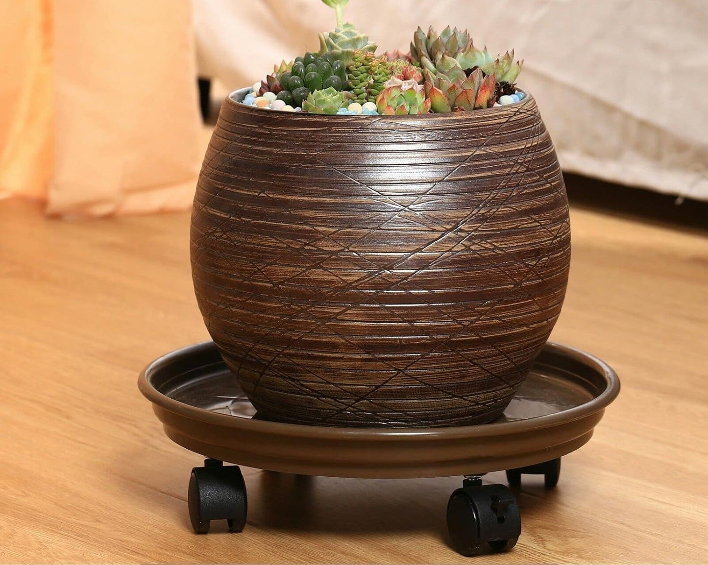 Yiting 12” Heavy-Duty Plant Caddy with Wheels, Rolling Plant Stand Dolly with Casters for Indoor and Outdoor - Brown