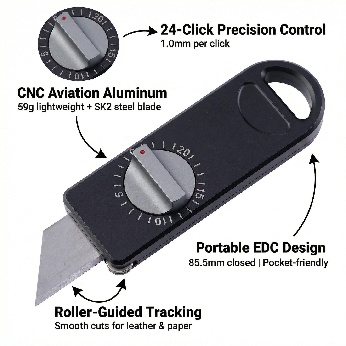 Fortedgear EDC Utility Knife with Precision Scale Knob, CNC Aviation Aluminum Box Cutter, Roller Guide Leather Craft Tool for Paper & Mailroom, Includes 10 SK2 Blades & Gift Box (Black)