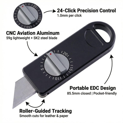 Fortedgear EDC Utility Knife with Precision Scale Knob, CNC Aviation Aluminum Box Cutter, Roller Guide Leather Craft Tool for Paper & Mailroom, Includes 10 SK2 Blades & Gift Box (Black)