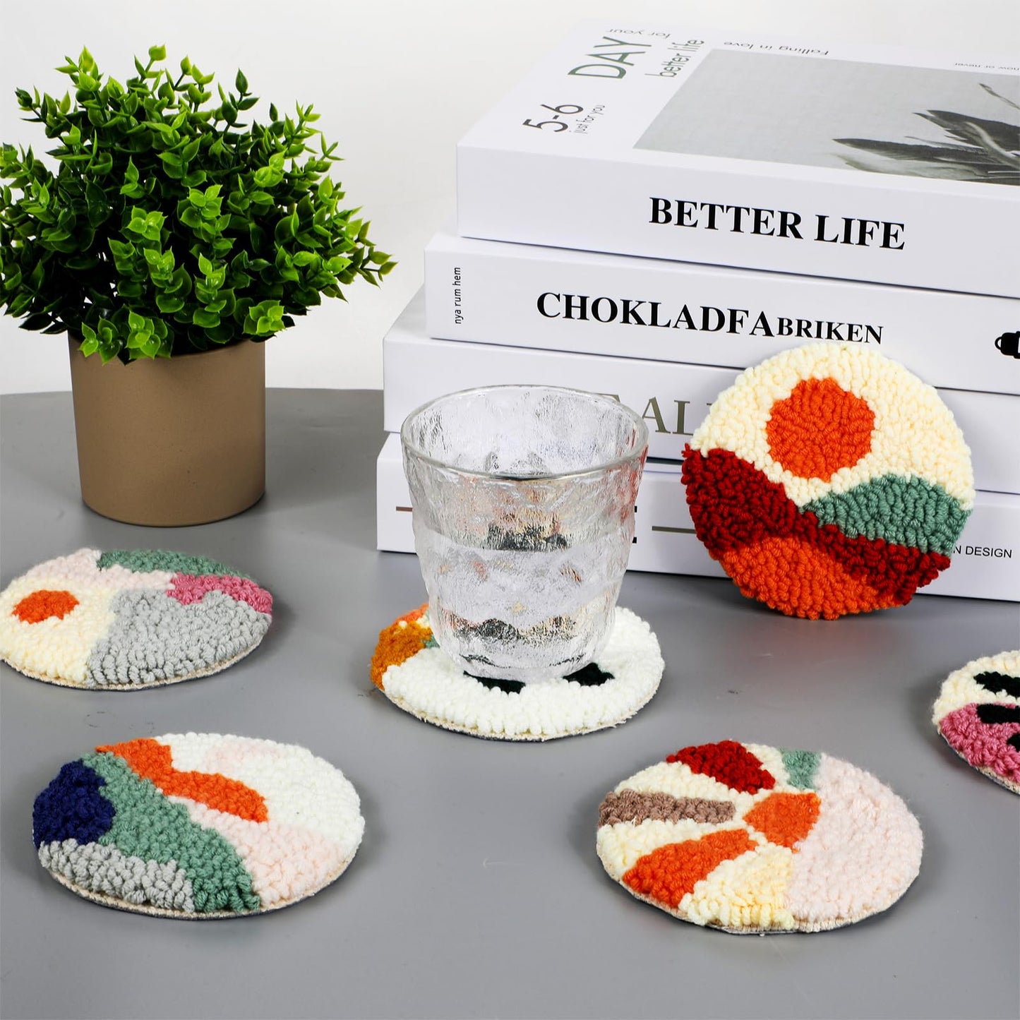 Punch Needle Coaster Kit for Beginners 6 Patterns Scenery Designs Embroidery Punch Needle Kit with Adhesive Felt Yarns Hoop Instruction Punching Decoration DIY Coaster Art Kits for Adults Beginner Kid