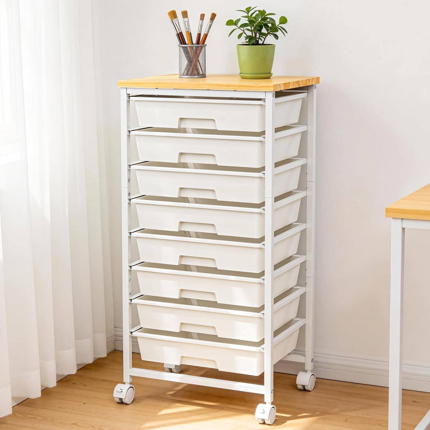 OUKMIC Rolling Storage Cart with 8 Drawers, Utility Cart with Wooden Tabletop and Lockable Wheels, Movable Craft Cart, Craft Storage Organizer for Living Room, Bedroom, Classroom, Office, White