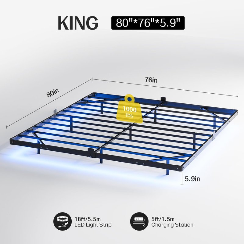 Liians King Size Floating Bed Frame with Smart LED Lights and USB Charging Station, Modern Sturdy Metal Platform, Noise Free, No Box Spring Needed Easy Assembly