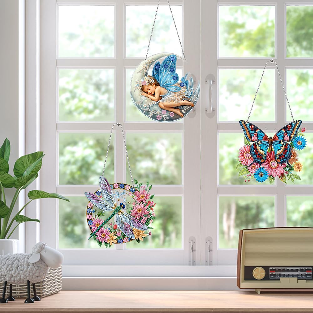 C'eitura 3Pcs 5D DIY Acrylic Fairy Dragonfly Butterfly Diamond Art Painting Hanging Pendants,Double-Sided Rhinestone Crystal Craft for Garden, Window, and Home Decor