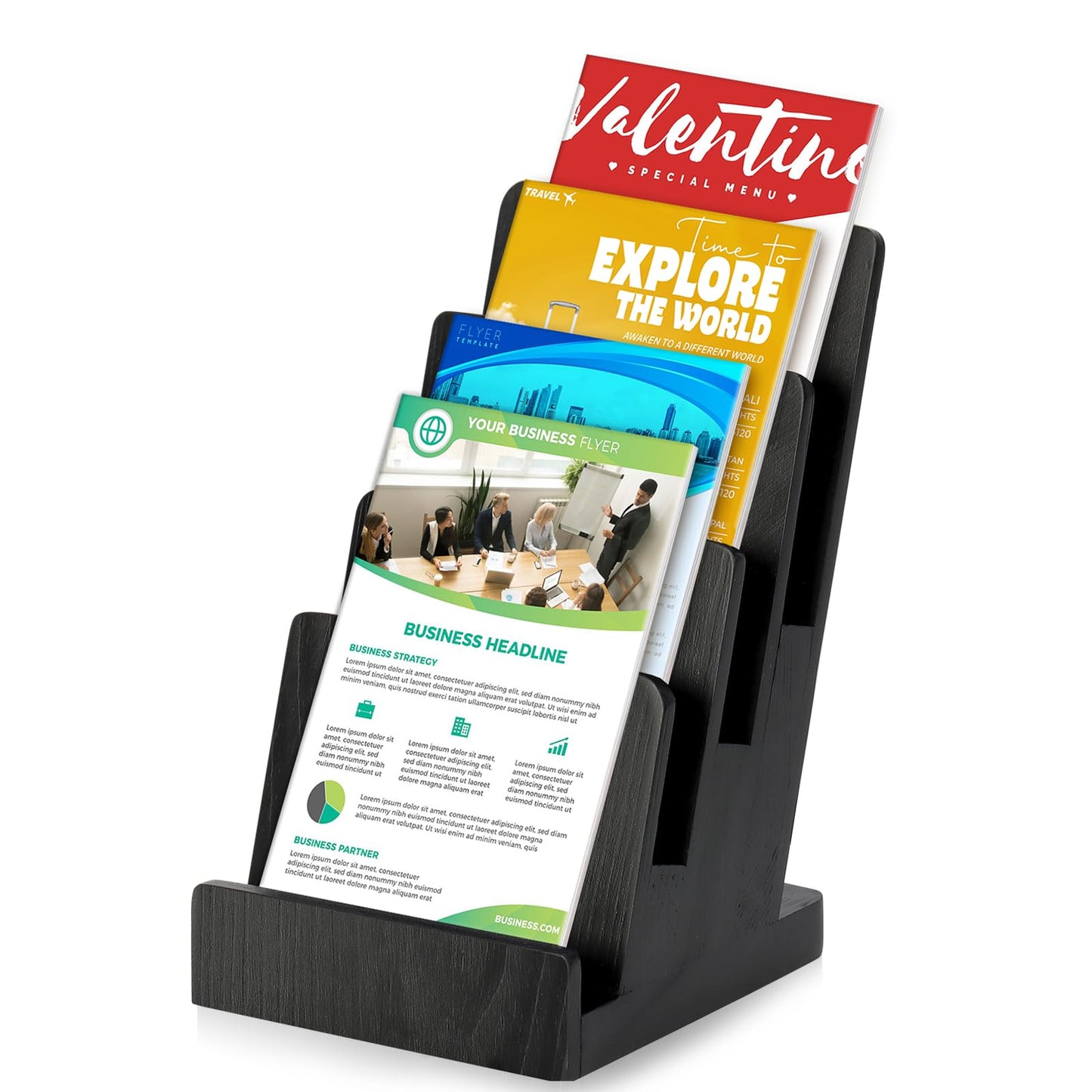 HKSZEH 4 Tier Wood Brochure Display Stand 6 x 9 inch Black Brochure Holder Pamphlet Display Stand for 5.5 x 8.5 inch 5 x 7 inch Booklets Menus Postcard Holder Multi Purpose Organizer