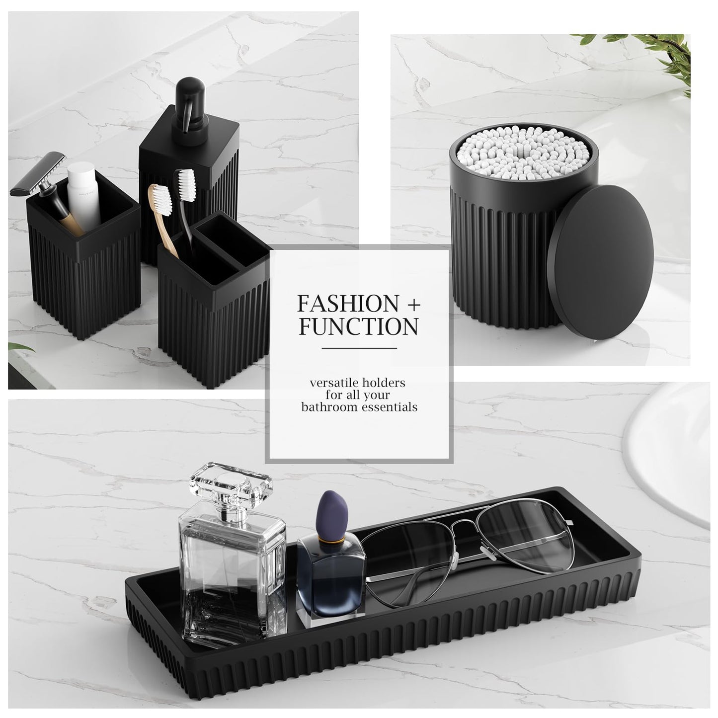 InnJoey 6-Piece Black Bathroom Set - Sleek Resin Organizer with Soap Dispenser, Toothbrush Holder, Vanity Tray, Tumbler & Apothecary Jars for Small Spaces