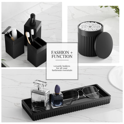 InnJoey 6-Piece Black Bathroom Set - Sleek Resin Organizer with Soap Dispenser, Toothbrush Holder, Vanity Tray, Tumbler & Apothecary Jars for Small Spaces