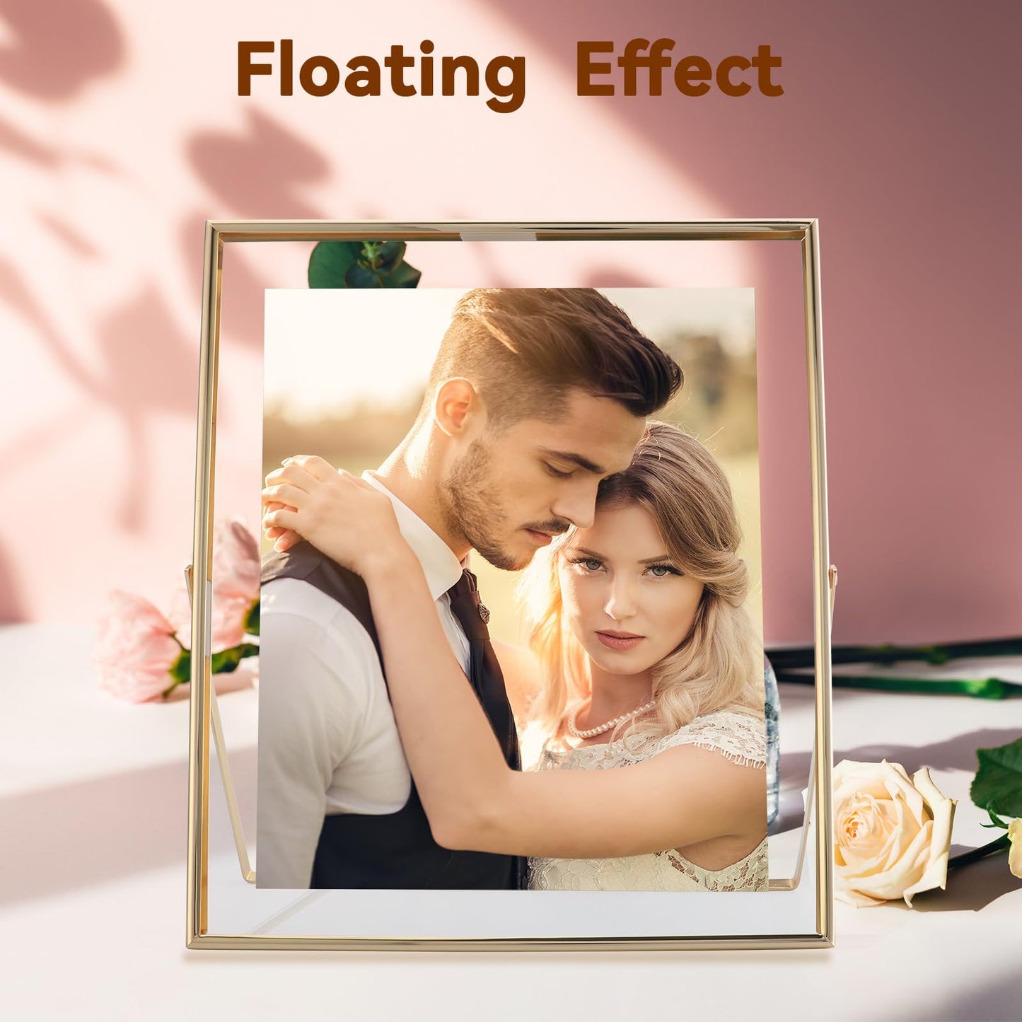 AhaGo Gold Floating Frame, 10"x12", Vertical, For Picture 8.5x11, 8x10, 7x9, Tabletop Shelf Photo Frame, Classy For Father's Day, Birthday or Wedding