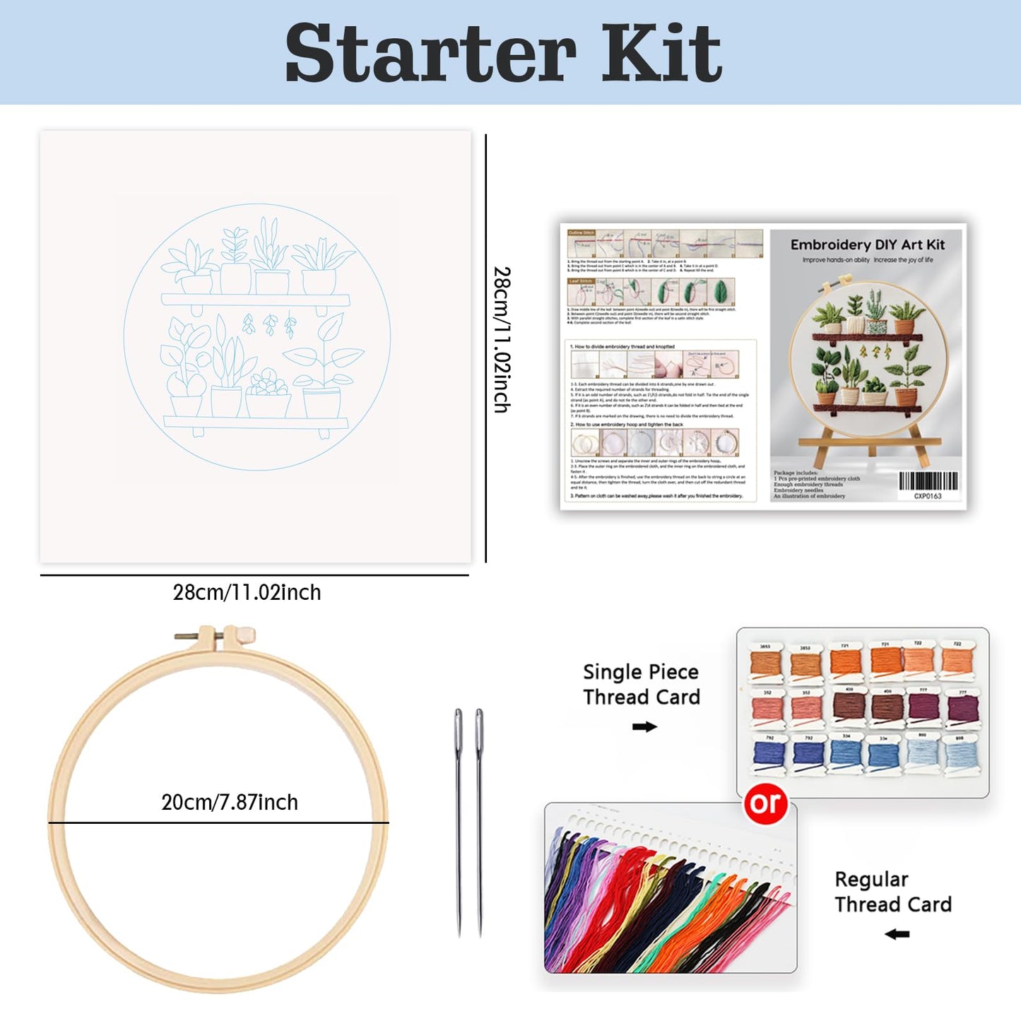 JOZYSH Full Range Embroidery Kit for Adult, Green Plant Pattern Embroidery Kit for Beginners Include Embroidery Cloth Hoops Threads for Craft Lover Hand Stitch with Embroidery Skill Techniques