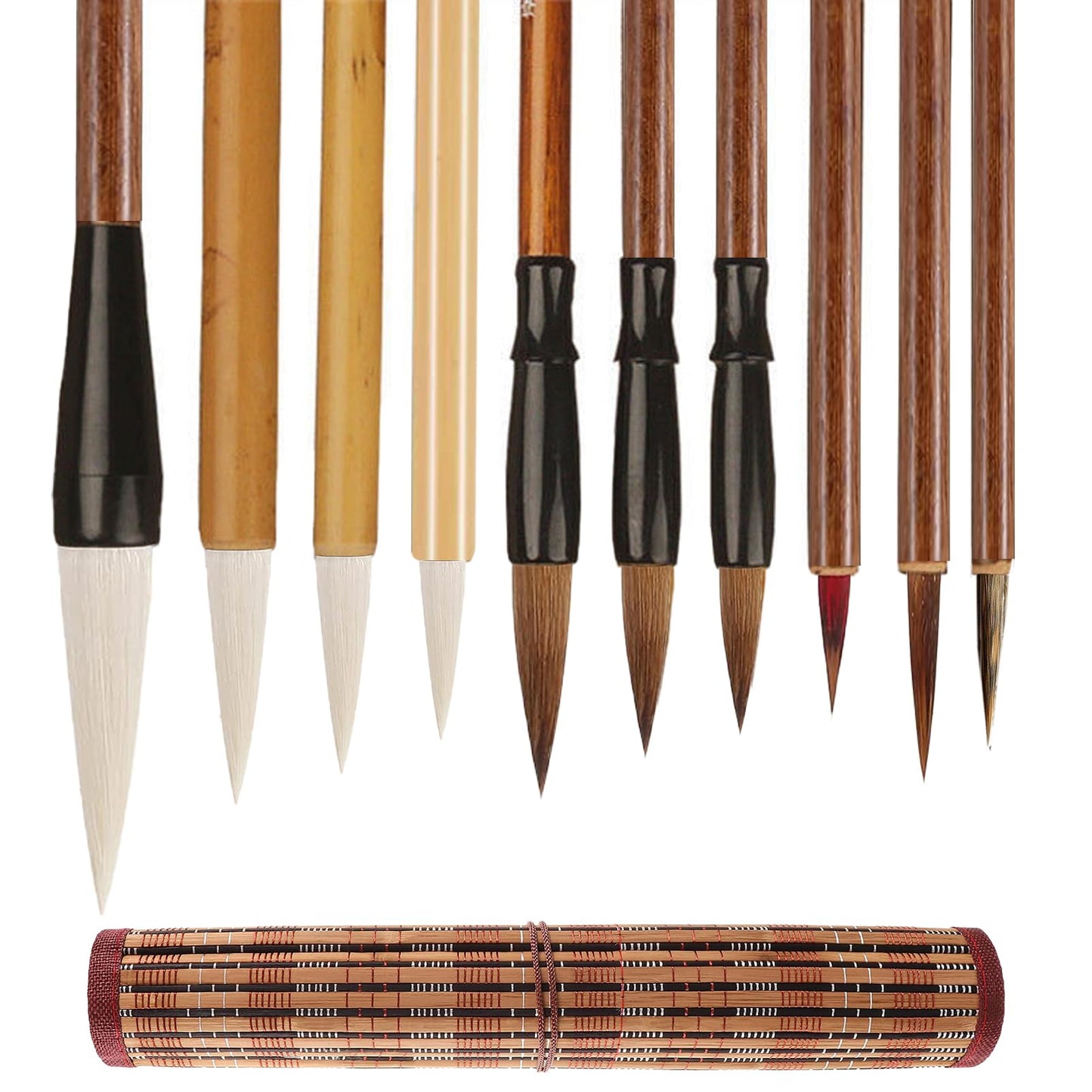 TIUSUTA 10-Piece Chinese Calligraphy Brush Set - Premium Writing Brushes for Beginners & Artists - with Roll-up Bamboo Brush Holder,Chinese Painting Brushes Set Flower Bird Line-Drawing Brushes