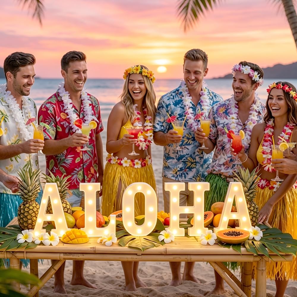 CDIXlmuz ALOHA Lights Up Letters Set – 8.6 in Battery Operated Plastic Led Marquee Light Sign for Hawaiian Luau Party Decorations, Tropical Summer Birthday – 5 Pack (A, H, O, H, A) (White)